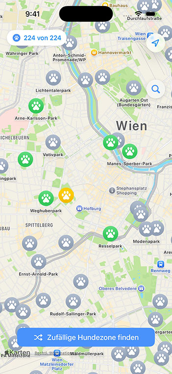 Kartenansicht mit allen Hundezonen
