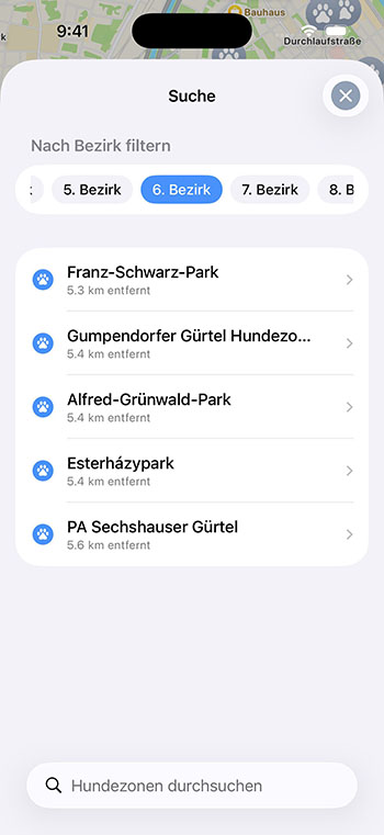 Suche nach Bezirken und n&auml;heste Hundezonen